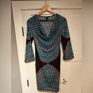 Black and teal peacock patterned dress, size s